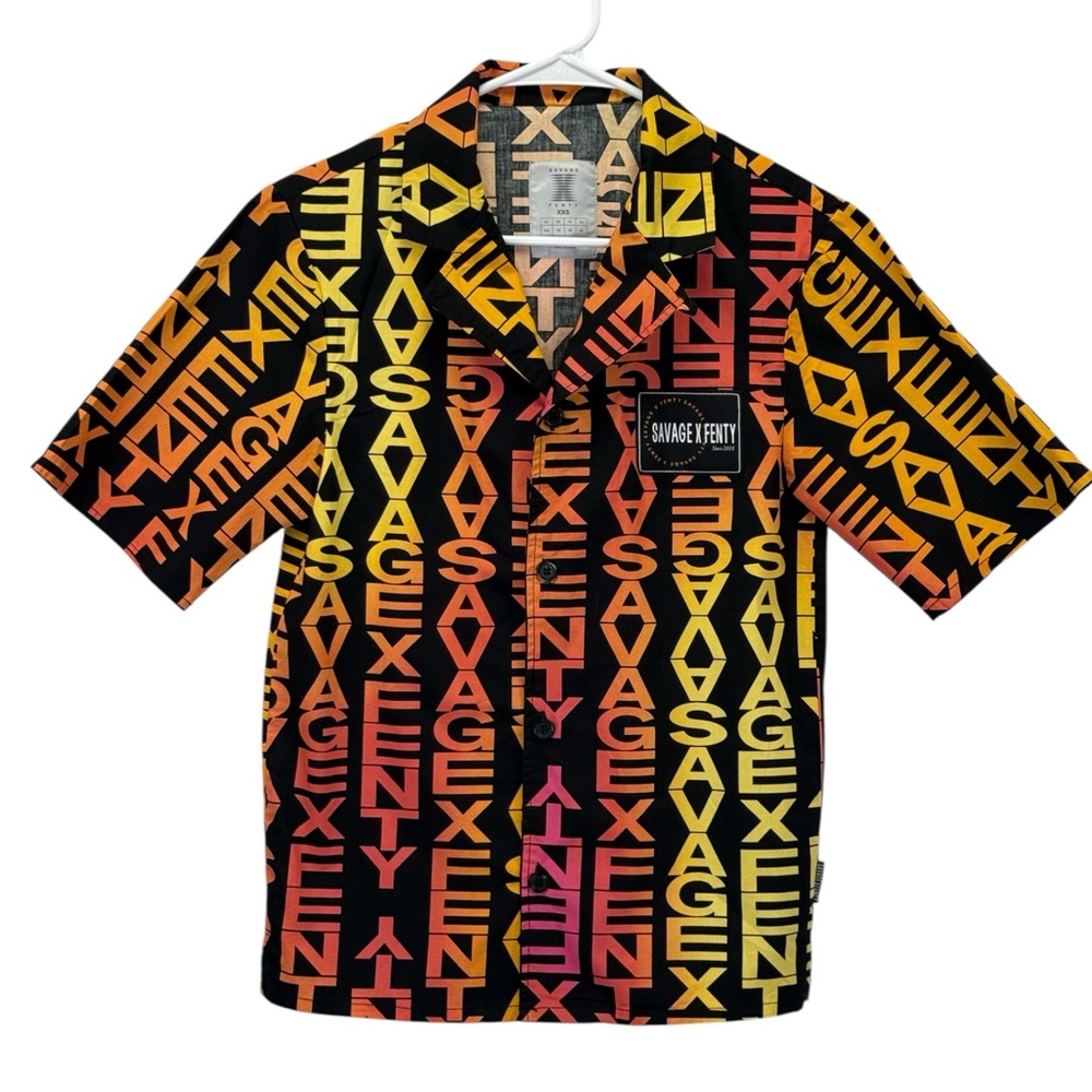 Savage Fenty Leisure X All Over Logo Print Button Up Short Sleeve Shirt Size 2XS